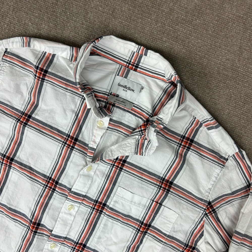 Goodfellow & Co. Northrop Shirt Mens White Red Plaid Cotton Slim Fit Button Down